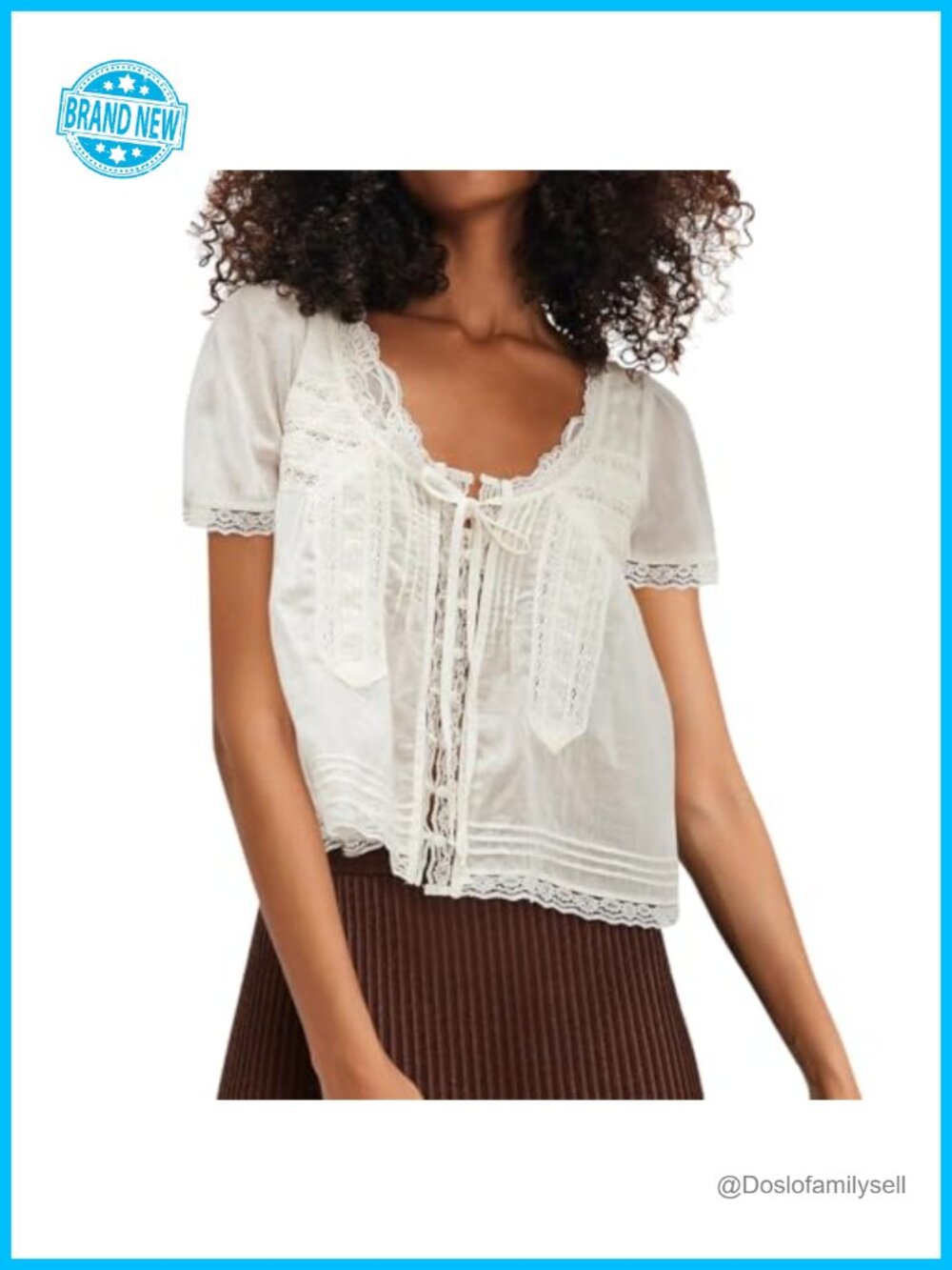 Women Boho Lace Trim Button Down Crop Tee Short Sleeve Scoop Neck Ruffle Tie
